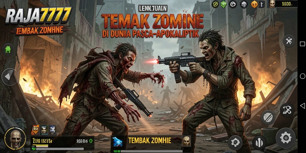 Screenshot utama RAJA777 menampilkan aksi menembak zombie yang intens.